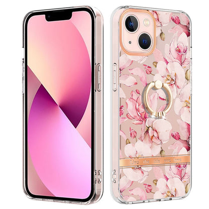 For iPhone 14 Back Cover with Ring Kickstand Flower Pattern Electroplating TPU Case