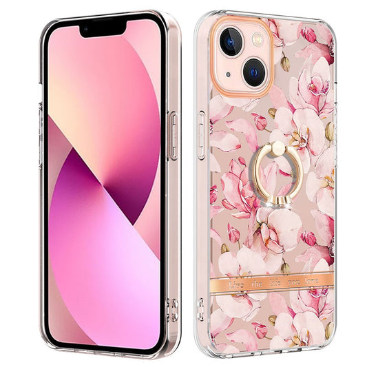 For iPhone 14 Back Cover with Ring Kickstand Flower Pattern Electroplating TPU Case
