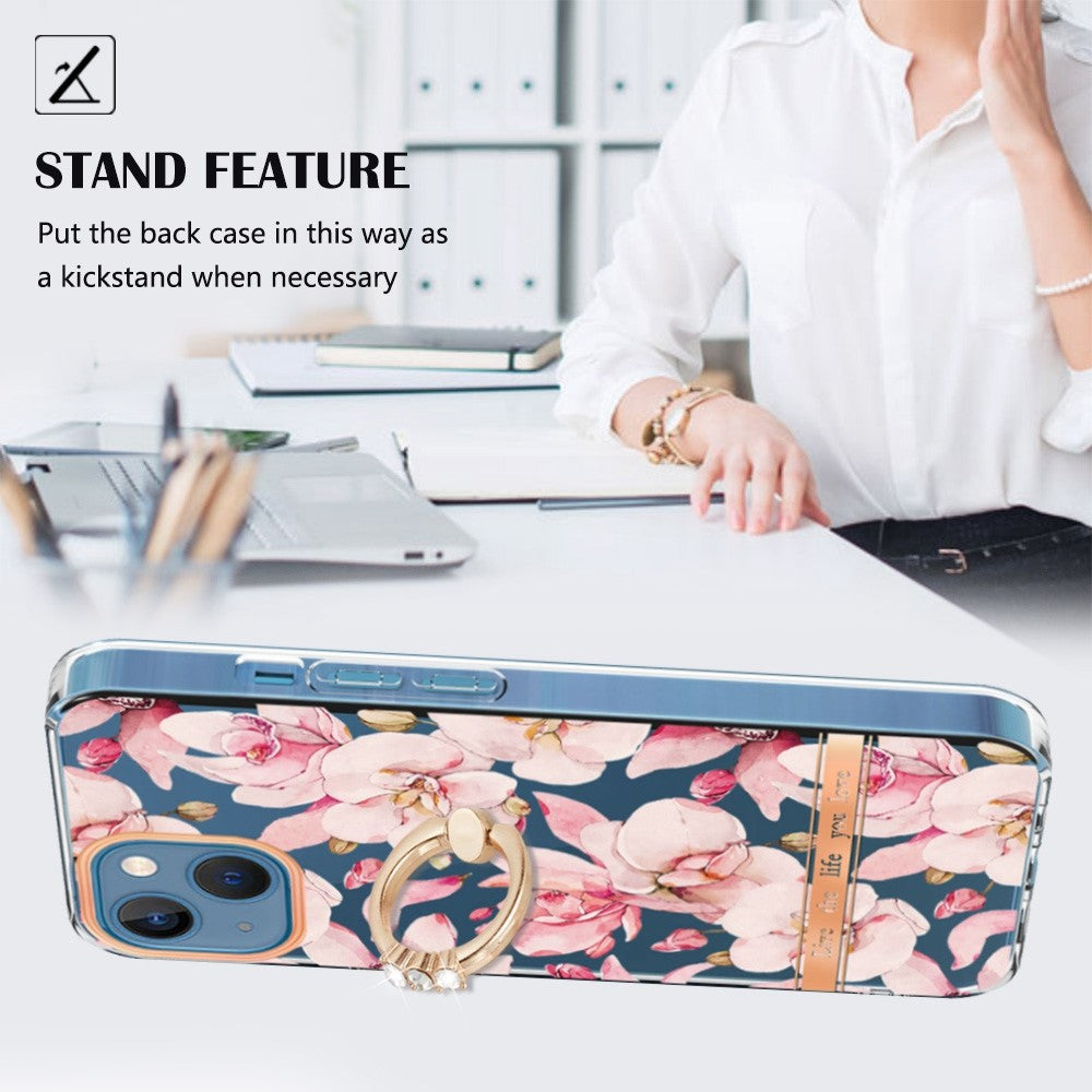 For iPhone 14 Back Cover with Ring Kickstand Flower Pattern Electroplating TPU Case