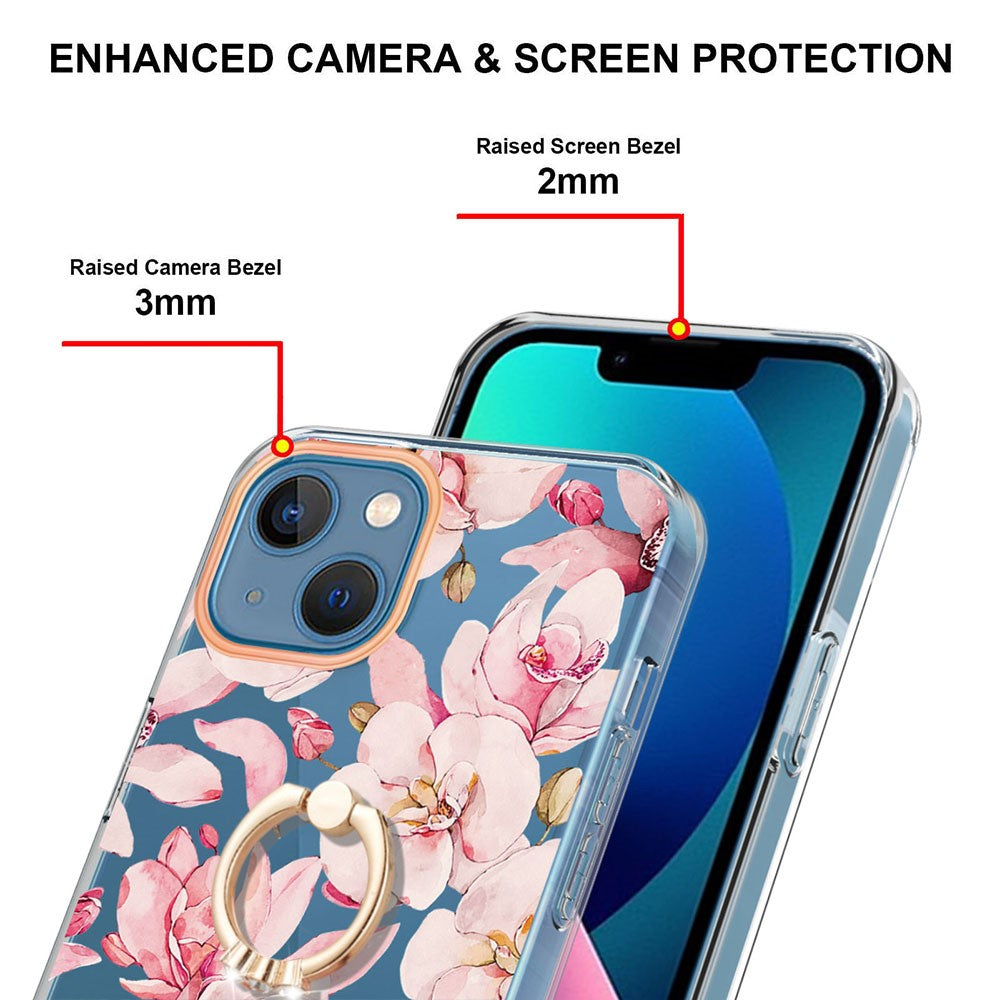 For iPhone 14 Back Cover with Ring Kickstand Flower Pattern Electroplating TPU Case