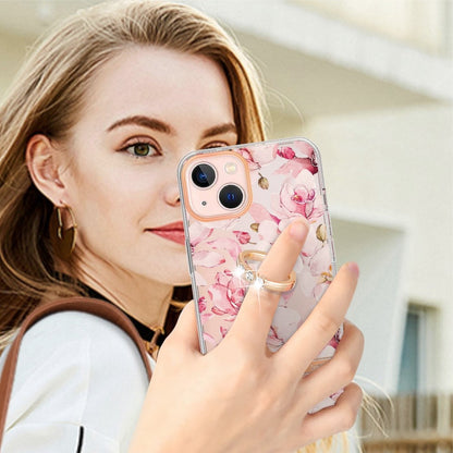 For iPhone 14 Back Cover with Ring Kickstand Flower Pattern Electroplating TPU Case