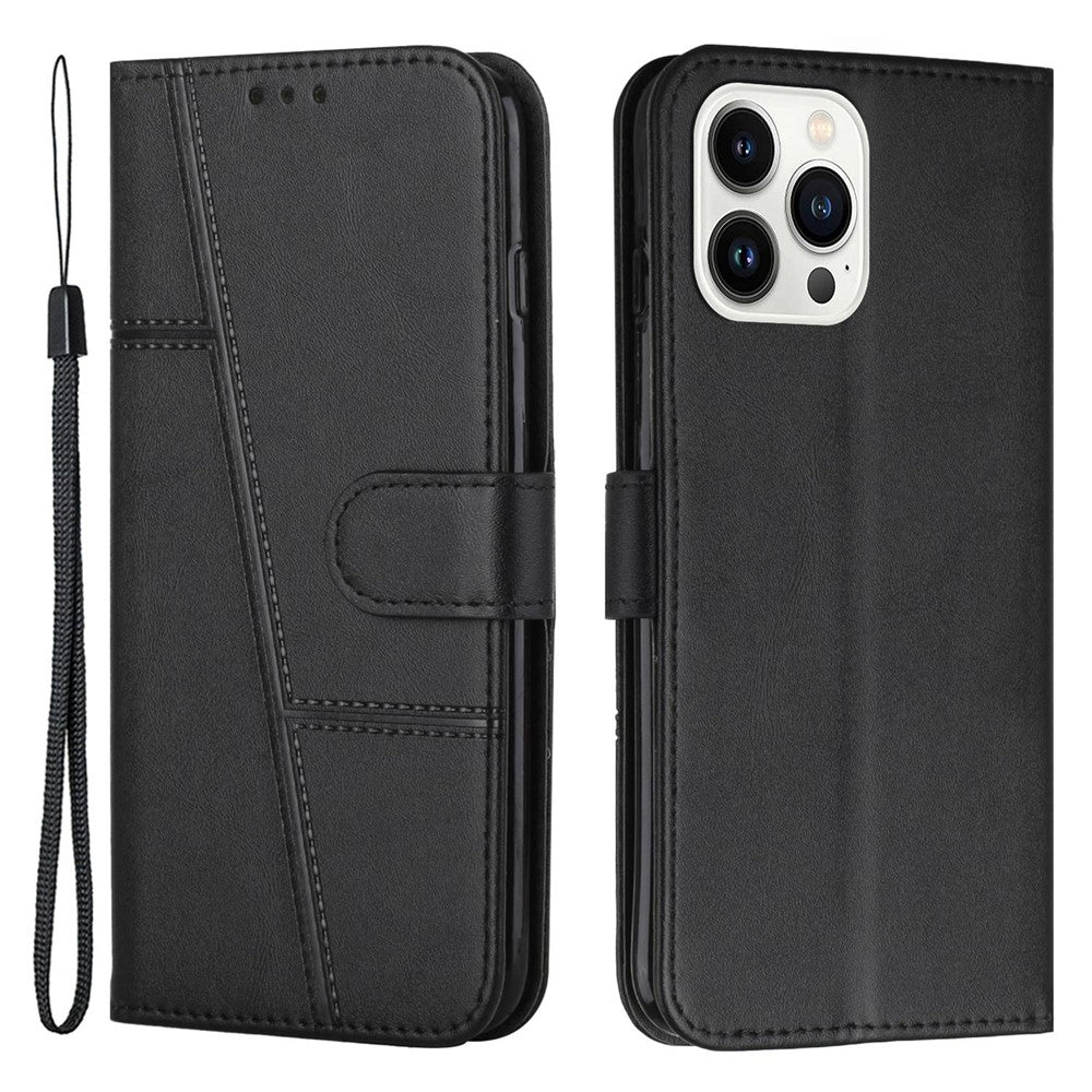 For iPhone 14 Pro Max 6.7 inch Stand Wallet Stitching Phone Cover PU Leather + TPU Protective Case with Strap