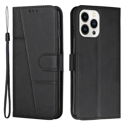For iPhone 14 Pro Max 6.7 inch Stand Wallet Stitching Phone Cover PU Leather + TPU Protective Case with Strap