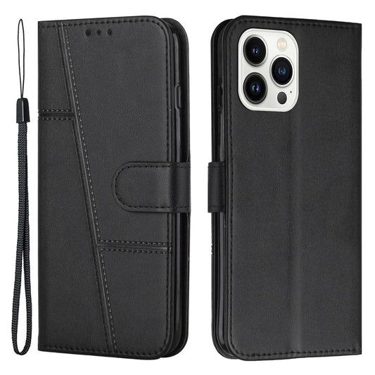 For iPhone 14 Pro Max 6.7 inch Stand Wallet Stitching Phone Cover PU Leather + TPU Protective Case with Strap