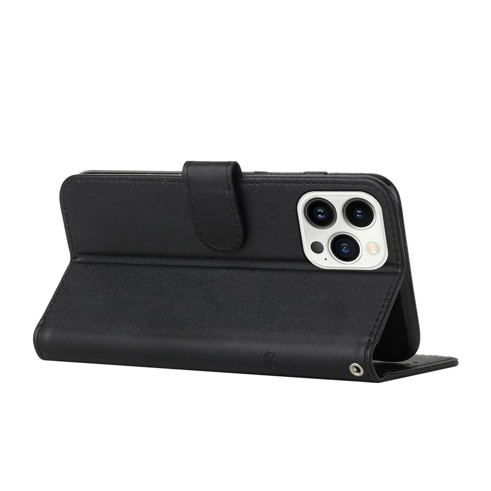 For iPhone 14 Pro Max 6.7 inch Stand Wallet Stitching Phone Cover PU Leather + TPU Protective Case with Strap