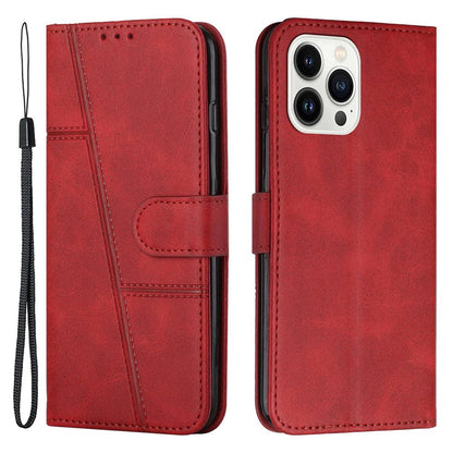 For iPhone 14 Pro Max 6.7 inch Stand Wallet Stitching Phone Cover PU Leather + TPU Protective Case with Strap