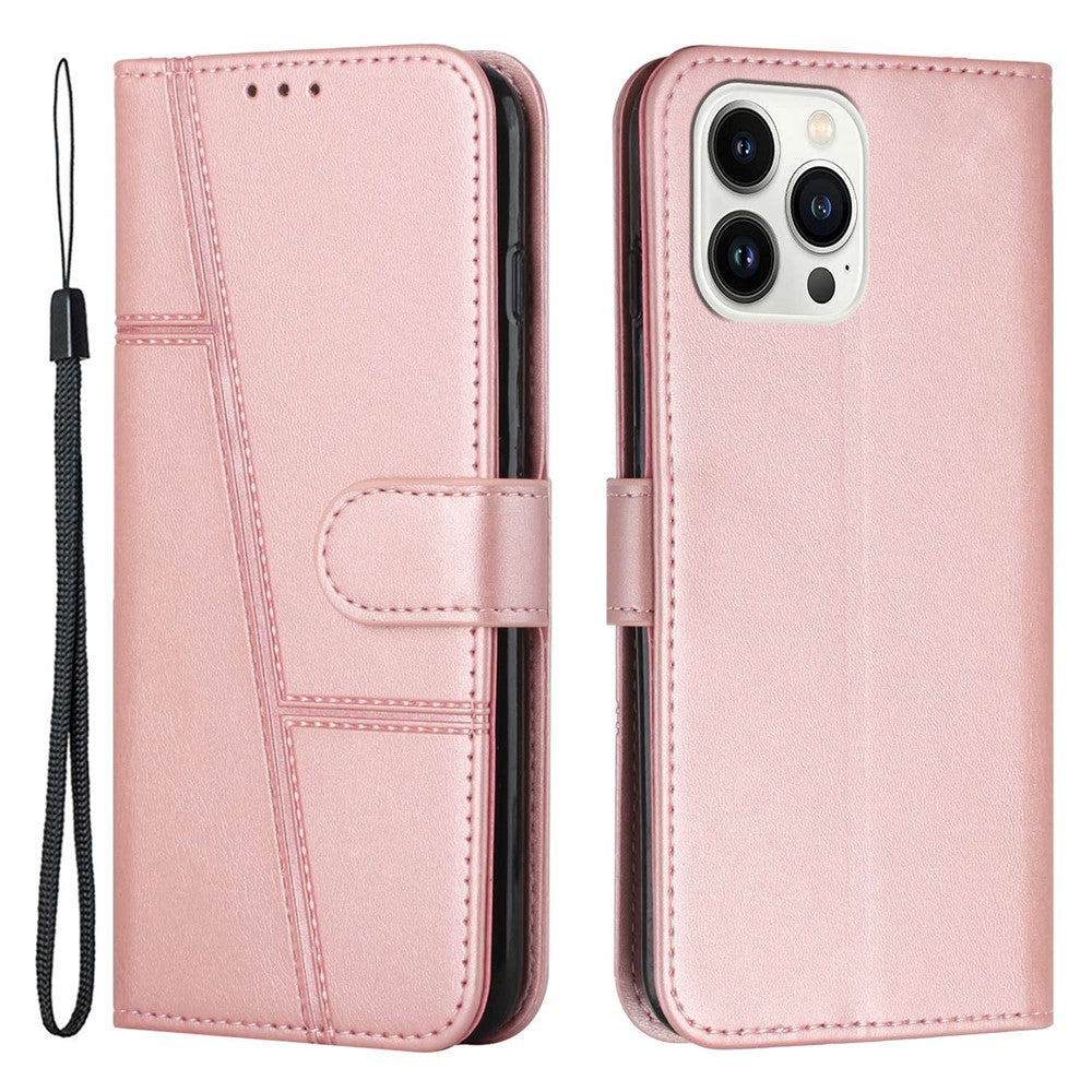 For iPhone 14 Pro Max 6.7 inch Stand Wallet Stitching Phone Cover PU Leather + TPU Protective Case with Strap