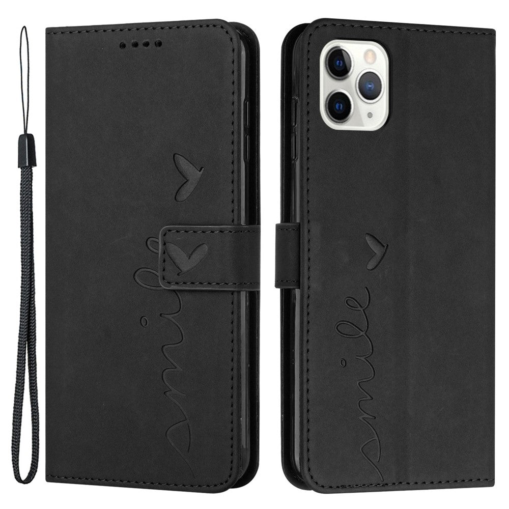For iPhone 14 Pro Max 6.7 inch Skin-touch Feeling PU Leather Case Stand Wallet Heart Shape Imprinted Phone Cover with Strap