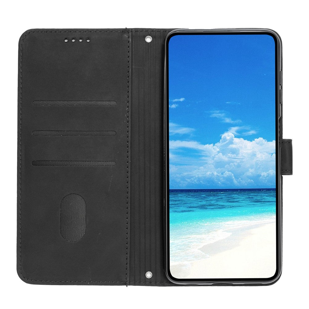 For iPhone 14 Pro Max 6.7 inch Skin-touch Feeling PU Leather Case Stand Wallet Heart Shape Imprinted Phone Cover with Strap