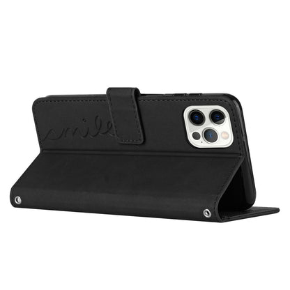 For iPhone 14 Pro Max 6.7 inch Skin-touch Feeling PU Leather Case Stand Wallet Heart Shape Imprinted Phone Cover with Strap