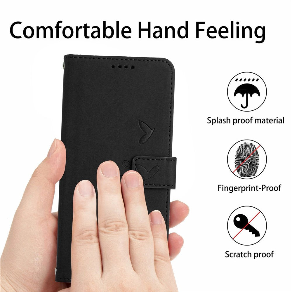 For iPhone 14 Pro Max 6.7 inch Skin-touch Feeling PU Leather Case Stand Wallet Heart Shape Imprinted Phone Cover with Strap