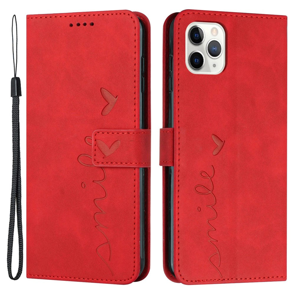 For iPhone 14 Pro Max 6.7 inch Skin-touch Feeling PU Leather Case Stand Wallet Heart Shape Imprinted Phone Cover with Strap