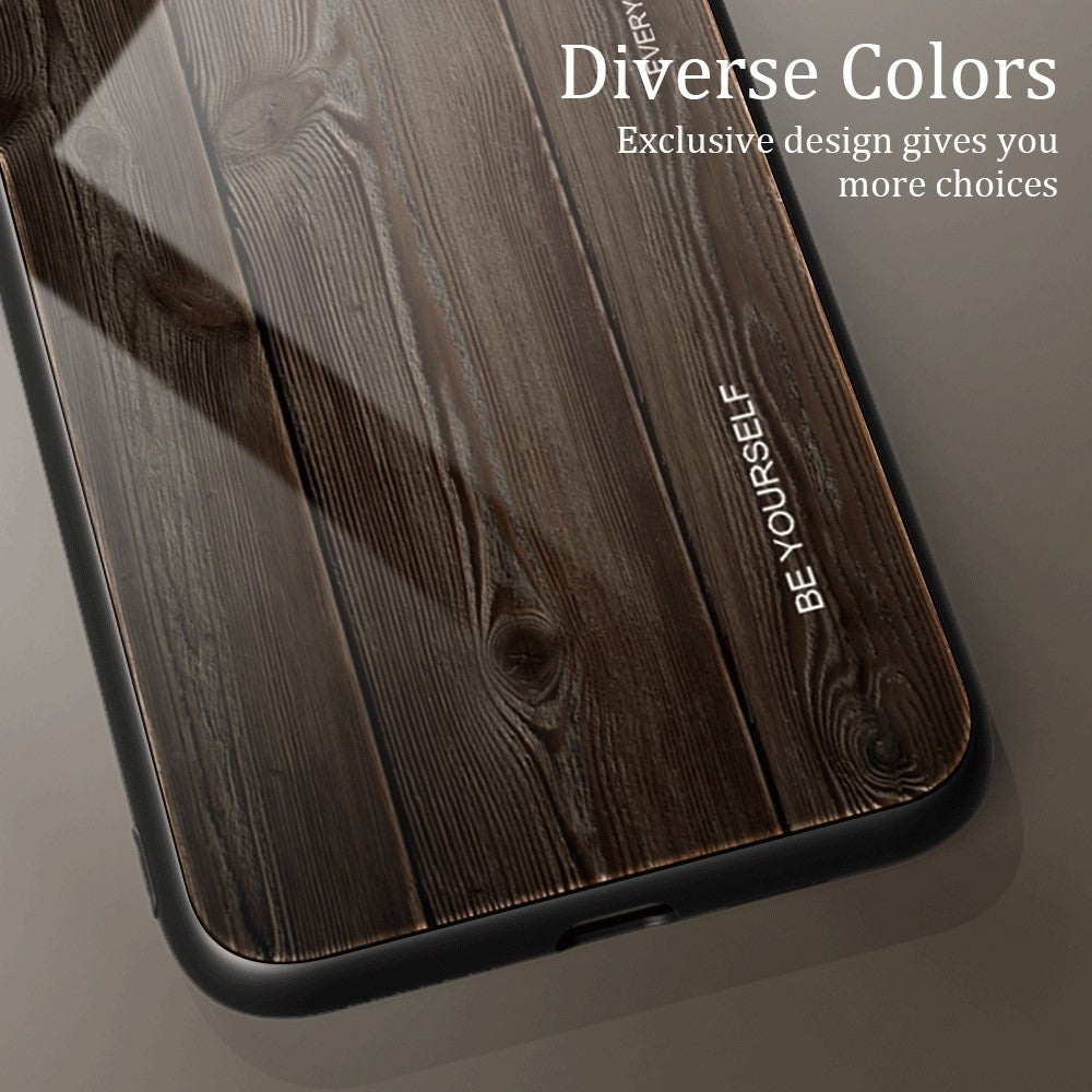 For iPhone 14 Pro Max 6.7 inch Wood Texture Slim Phone Case Tempered Glass Back TPU Frame Protective Cover