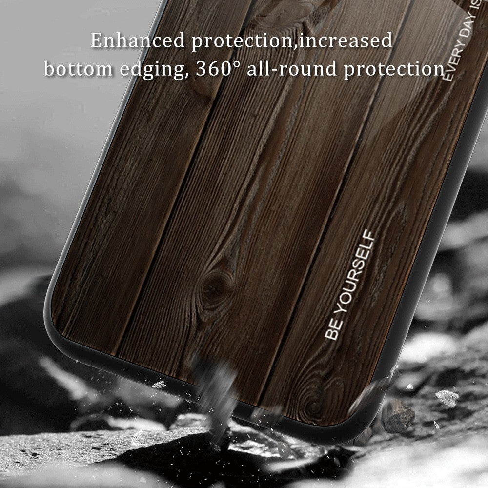 For iPhone 14 Pro Max 6.7 inch Wood Texture Slim Phone Case Tempered Glass Back TPU Frame Protective Cover