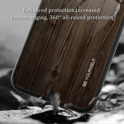 For iPhone 14 Pro Max 6.7 inch Wood Texture Slim Phone Case Tempered Glass Back TPU Frame Protective Cover