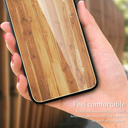 For iPhone 14 Pro Max 6.7 inch Wood Texture Slim Phone Case Tempered Glass Back TPU Frame Protective Cover