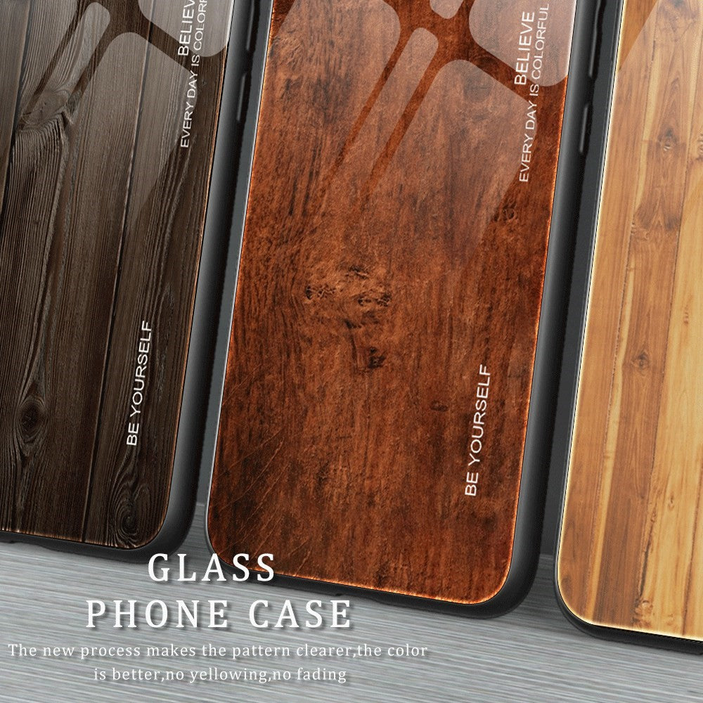 For iPhone 14 Pro Max 6.7 inch Wood Texture Slim Phone Case Tempered Glass Back TPU Frame Protective Cover