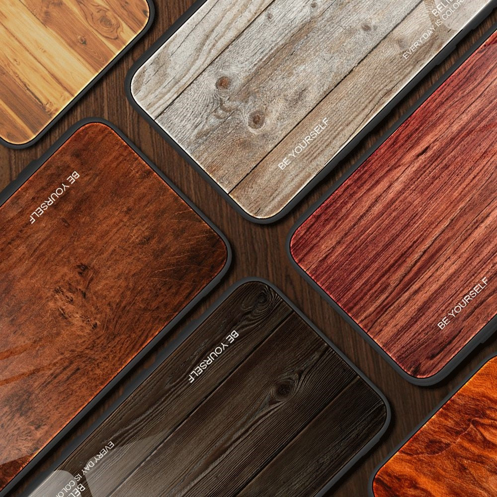For iPhone 14 Pro Max 6.7 inch Wood Texture Slim Phone Case Tempered Glass Back TPU Frame Protective Cover