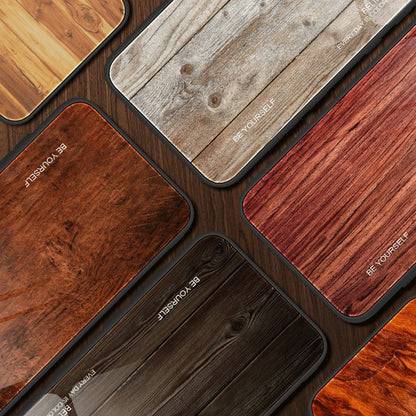 For iPhone 14 Pro Max 6.7 inch Wood Texture Slim Phone Case Tempered Glass Back TPU Frame Protective Cover