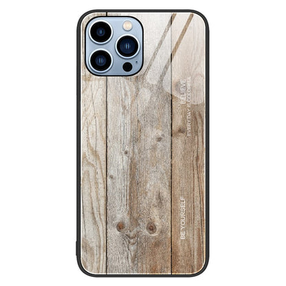 For iPhone 14 Pro Max 6.7 inch Wood Texture Slim Phone Case Tempered Glass Back TPU Frame Protective Cover
