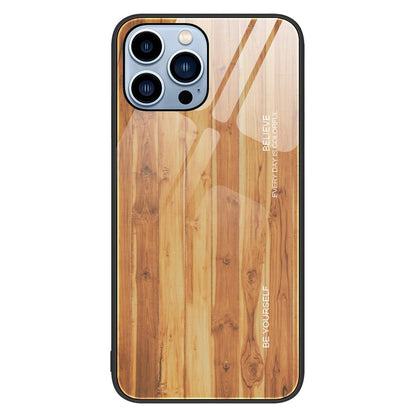 For iPhone 14 Pro Max 6.7 inch Wood Texture Slim Phone Case Tempered Glass Back TPU Frame Protective Cover