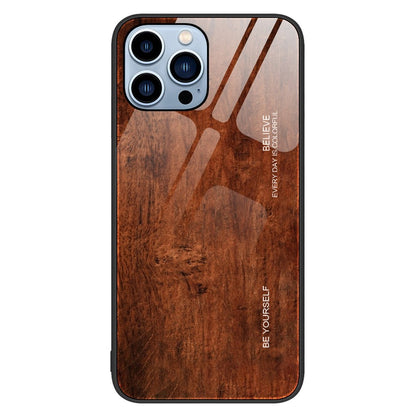 For iPhone 14 Pro Max 6.7 inch Wood Texture Slim Phone Case Tempered Glass Back TPU Frame Protective Cover