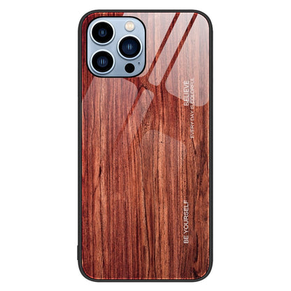For iPhone 14 Pro Max 6.7 inch Wood Texture Slim Phone Case Tempered Glass Back TPU Frame Protective Cover