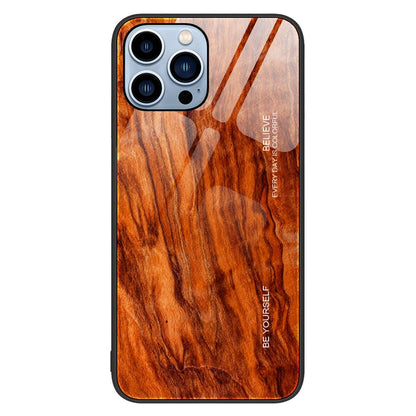 For iPhone 14 Pro Max 6.7 inch Wood Texture Slim Phone Case Tempered Glass Back TPU Frame Protective Cover