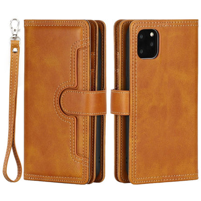 For iPhone 14 Plus 6.7 inch Magnetic Split Leather Case Multiple Card Slots Wallet Full Protective Folio Stand Cover with Hand Strap