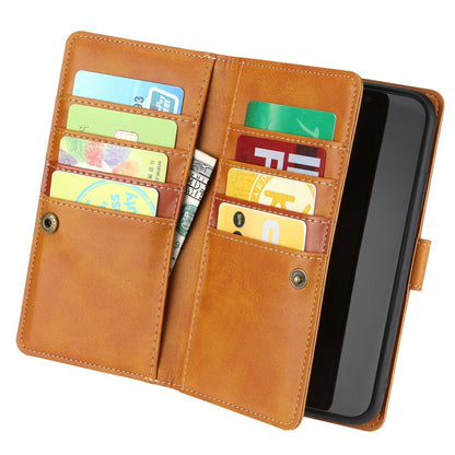 For iPhone 14 Plus 6.7 inch Magnetic Split Leather Case Multiple Card Slots Wallet Full Protective Folio Stand Cover with Hand Strap