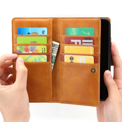 For iPhone 14 Plus 6.7 inch Magnetic Split Leather Case Multiple Card Slots Wallet Full Protective Folio Stand Cover with Hand Strap