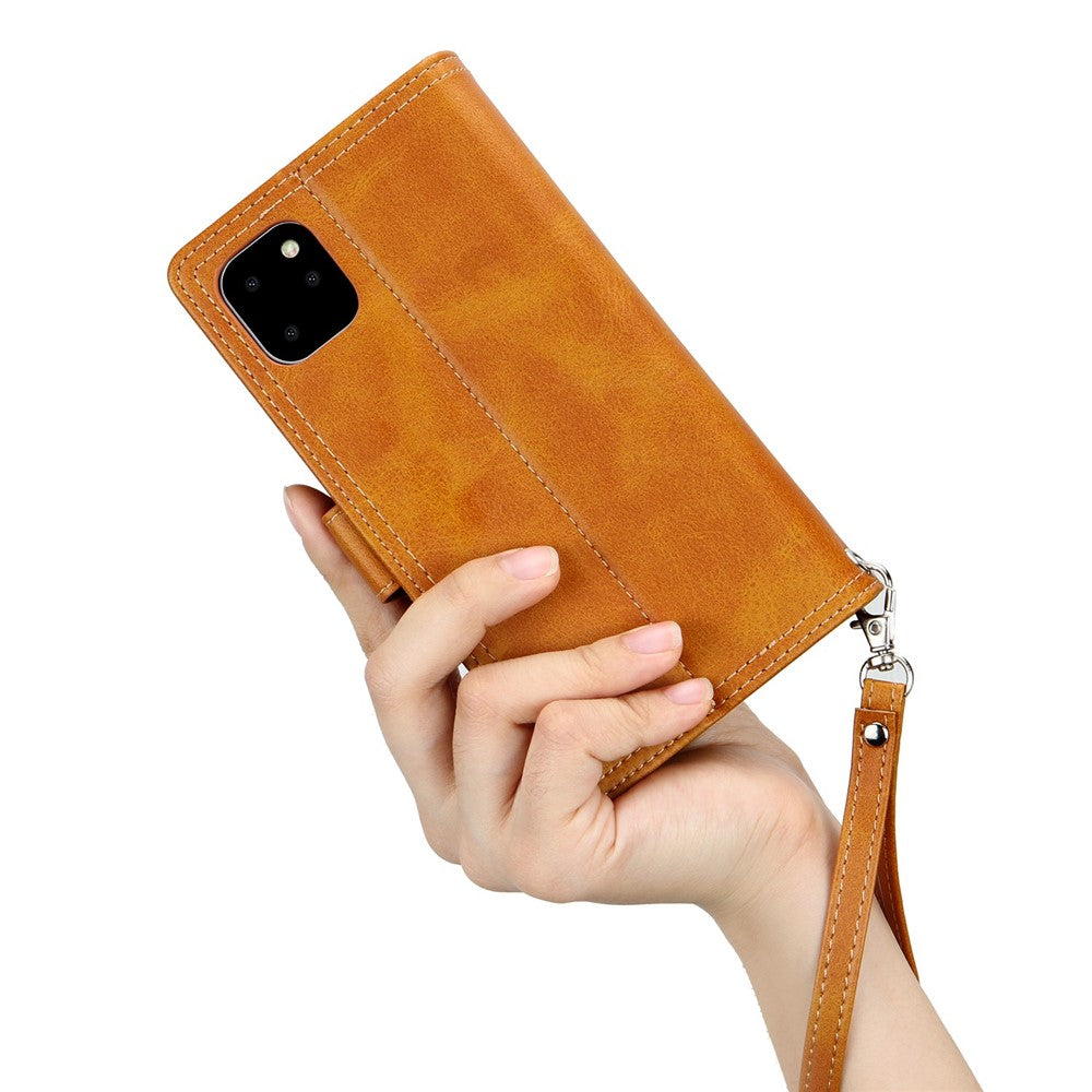 For iPhone 14 Plus 6.7 inch Magnetic Split Leather Case Multiple Card Slots Wallet Full Protective Folio Stand Cover with Hand Strap