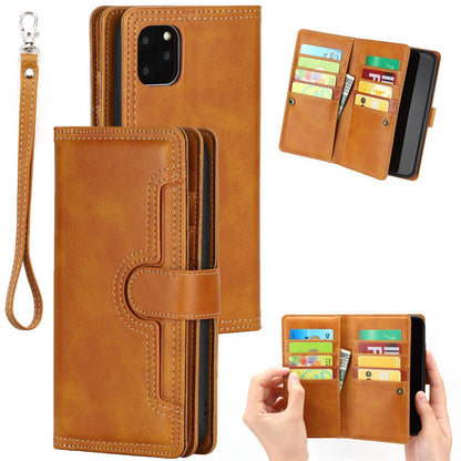 For iPhone 14 Plus 6.7 inch Magnetic Split Leather Case Multiple Card Slots Wallet Full Protective Folio Stand Cover with Hand Strap