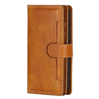 For iPhone 14 Plus 6.7 inch Magnetic Split Leather Case Multiple Card Slots Wallet Full Protective Folio Stand Cover with Hand Strap