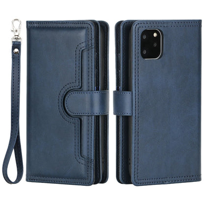 For iPhone 14 Plus 6.7 inch Magnetic Split Leather Case Multiple Card Slots Wallet Full Protective Folio Stand Cover with Hand Strap
