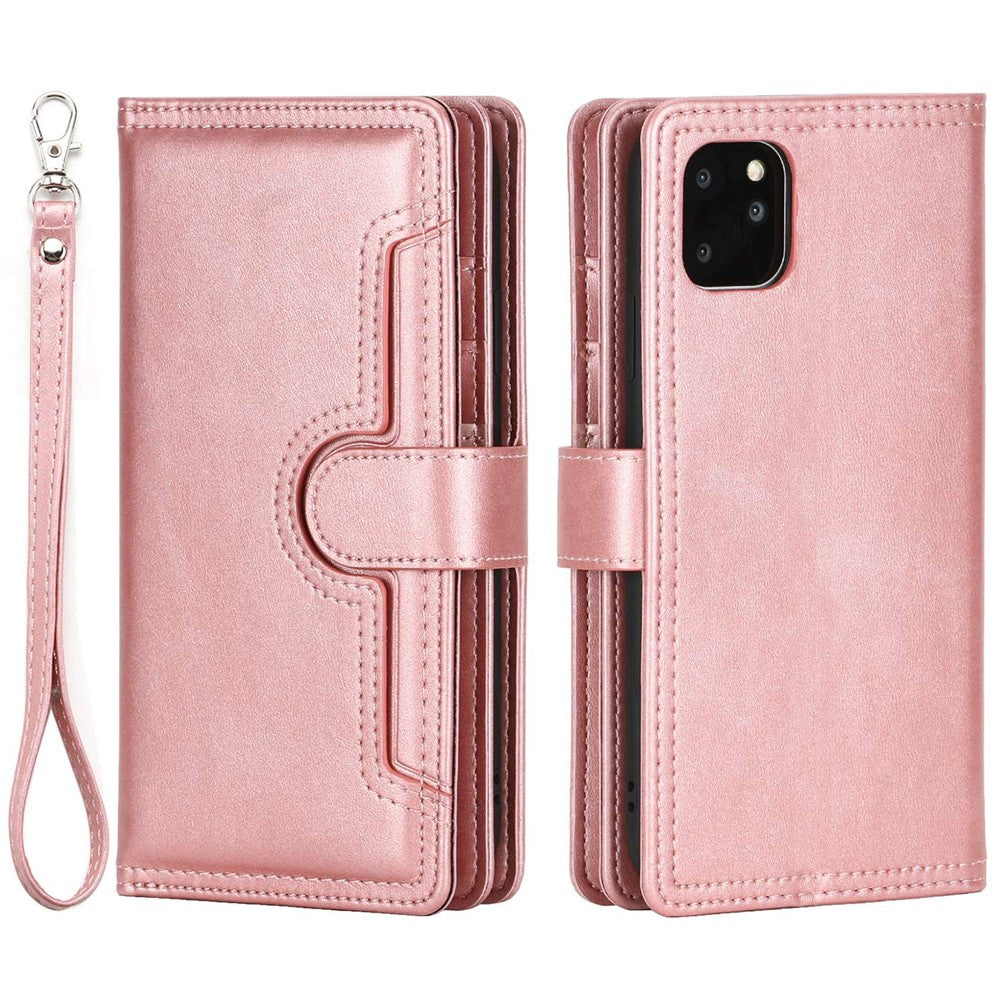 For iPhone 14 Plus 6.7 inch Magnetic Split Leather Case Multiple Card Slots Wallet Full Protective Folio Stand Cover with Hand Strap