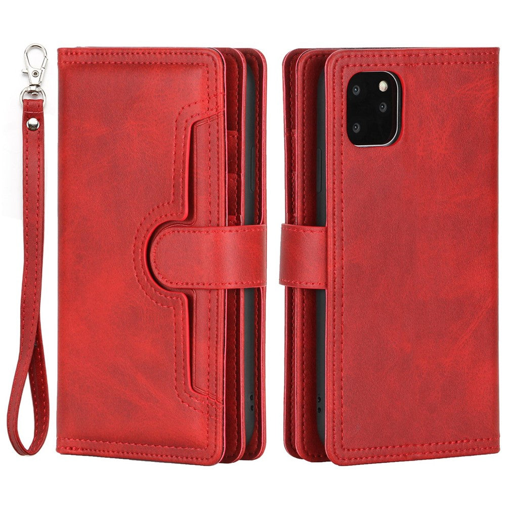 For iPhone 14 Plus 6.7 inch Magnetic Split Leather Case Multiple Card Slots Wallet Full Protective Folio Stand Cover with Hand Strap