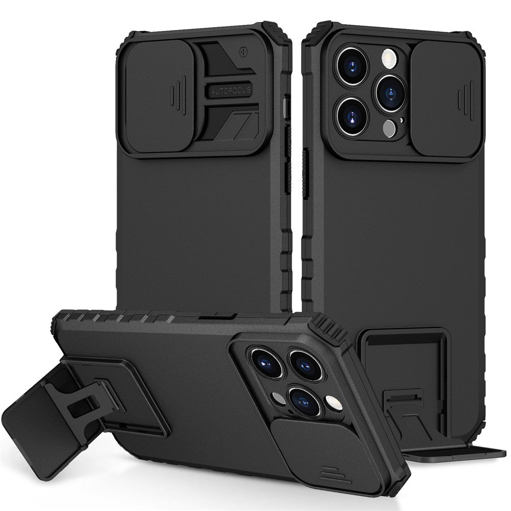 For iPhone 14 Pro Max 6.7 inch Slide Camera Protection Cell Phone Shell Kickstand PC + TPU Hybrid Cover Phone Case