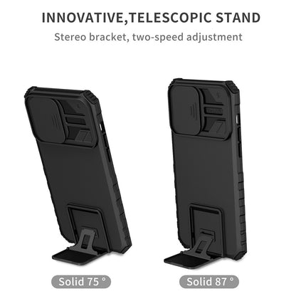 For iPhone 14 Pro Max 6.7 inch Slide Camera Protection Cell Phone Shell Kickstand PC + TPU Hybrid Cover Phone Case
