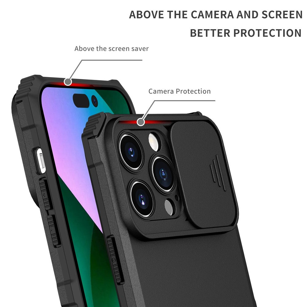 For iPhone 14 Pro Max 6.7 inch Slide Camera Protection Cell Phone Shell Kickstand PC + TPU Hybrid Cover Phone Case