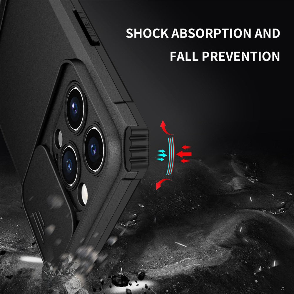 For iPhone 14 Pro Max 6.7 inch Slide Camera Protection Cell Phone Shell Kickstand PC + TPU Hybrid Cover Phone Case