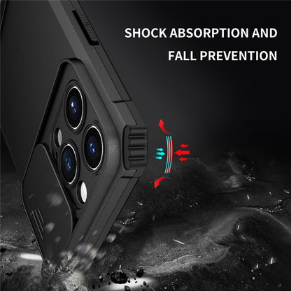 For iPhone 14 Pro Max 6.7 inch Slide Camera Protection Cell Phone Shell Kickstand PC + TPU Hybrid Cover Phone Case
