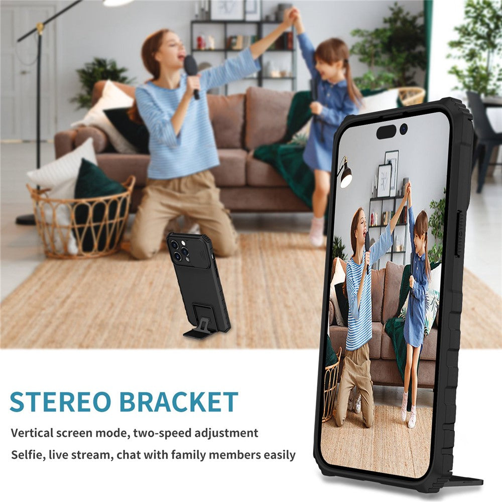 For iPhone 14 Pro Max 6.7 inch Slide Camera Protection Cell Phone Shell Kickstand PC + TPU Hybrid Cover Phone Case