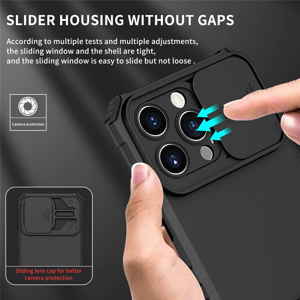 For iPhone 14 Pro Max 6.7 inch Slide Camera Protection Cell Phone Shell Kickstand PC + TPU Hybrid Cover Phone Case