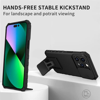 For iPhone 14 Pro Max 6.7 inch Slide Camera Protection Cell Phone Shell Kickstand PC + TPU Hybrid Cover Phone Case
