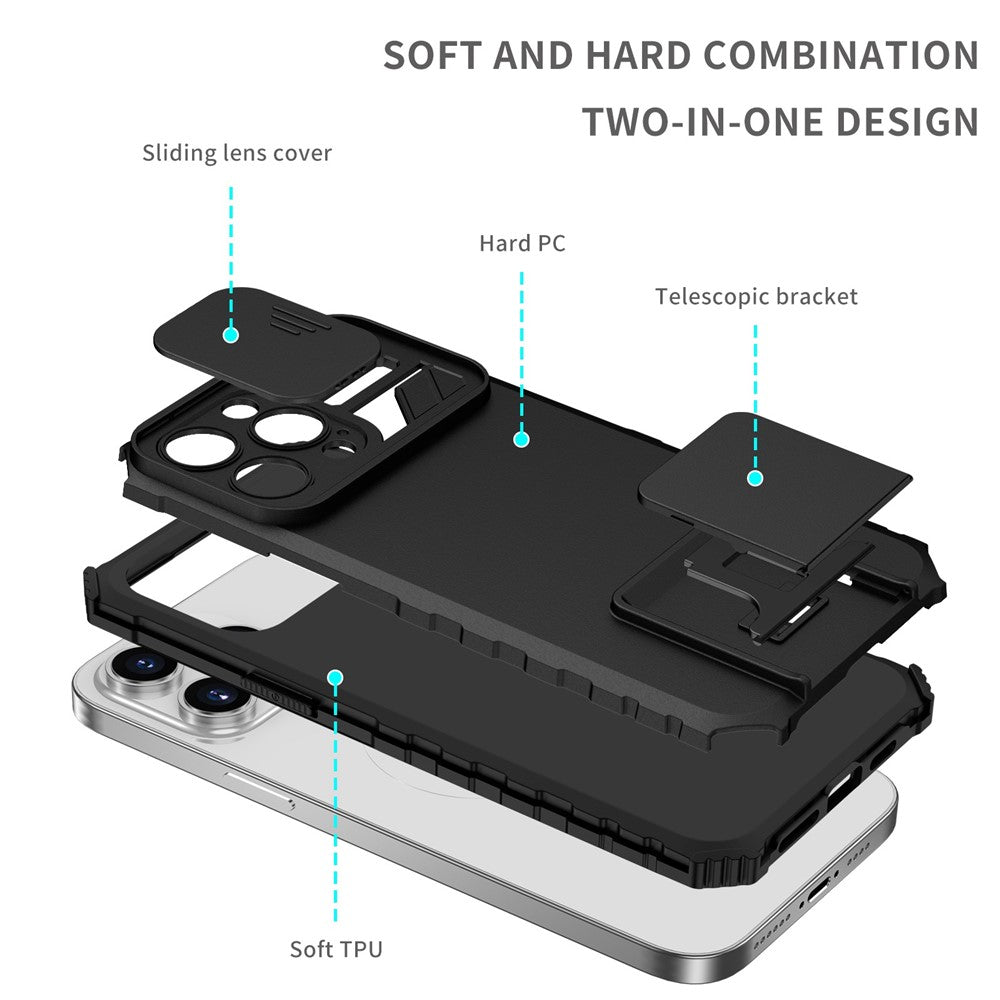 For iPhone 14 Pro Max 6.7 inch Slide Camera Protection Cell Phone Shell Kickstand PC + TPU Hybrid Cover Phone Case