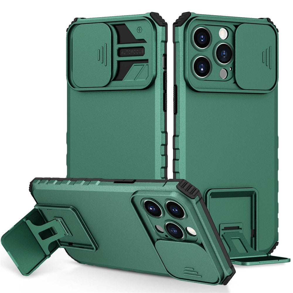 For iPhone 14 Pro Max 6.7 inch Slide Camera Protection Cell Phone Shell Kickstand PC + TPU Hybrid Cover Phone Case