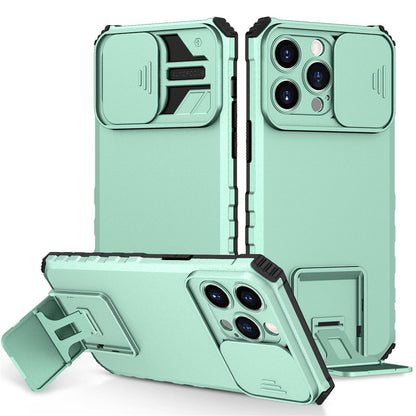 For iPhone 14 Pro Max 6.7 inch Slide Camera Protection Cell Phone Shell Kickstand PC + TPU Hybrid Cover Phone Case