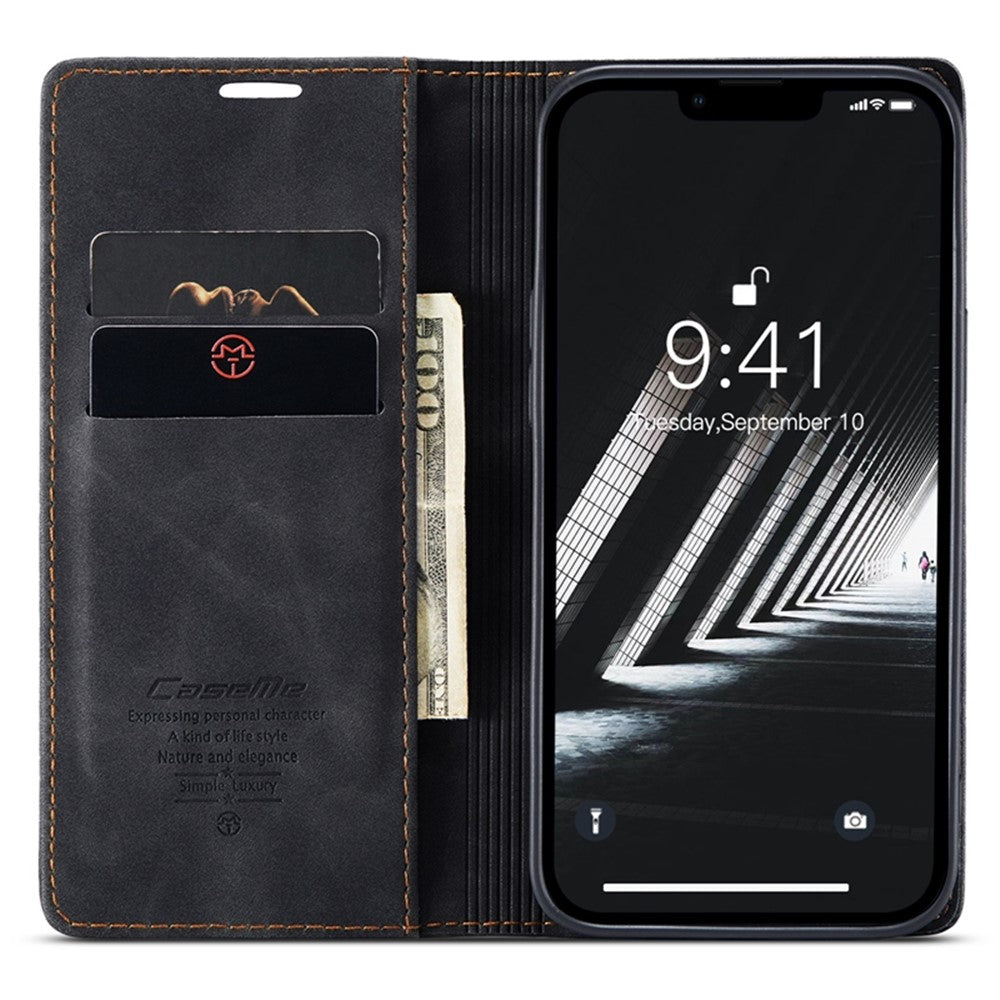 CASEME 013 Series for iPhone 14 6.1 inch Shockproof PU Leather Wallet Case Magnetic Auto-absorbed Stand Phone Cover
