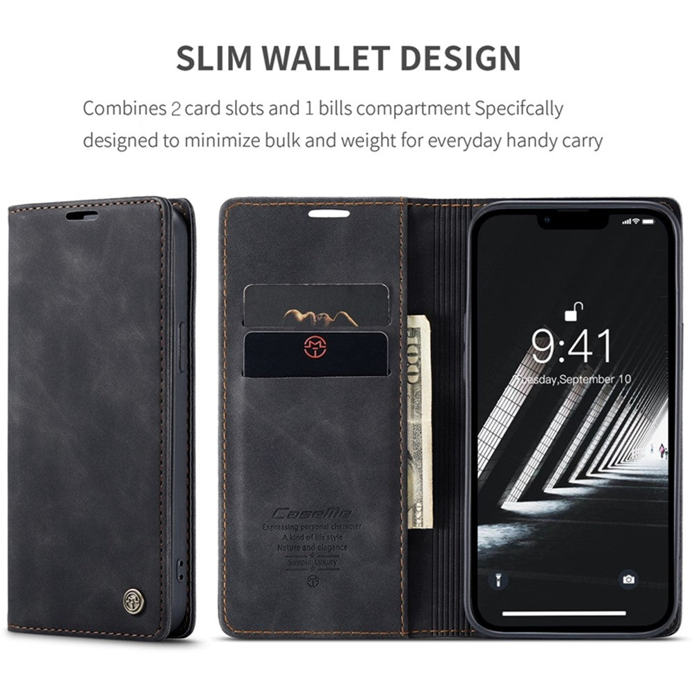 CASEME 013 Series for iPhone 14 6.1 inch Shockproof PU Leather Wallet Case Magnetic Auto-absorbed Stand Phone Cover